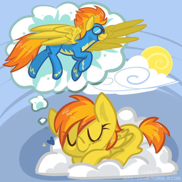 Size: 800x800 | Tagged: safe, artist:steeve, derpibooru import, spitfire, pegasus, pony, blank flank, clothes, cloud, cropped, dream, eyes closed, female, filly, flying, foal, goggles, hooves, lying down, mare, on a cloud, prone, sleeping, solo, uniform, wings, wonderbolts, wonderbolts uniform