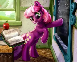 Size: 2000x1629 | Tagged: safe, artist:harwick, derpibooru import, cheerilee, earth pony, pony, apple, bipedal, book, chalk, chalkboard, classroom, female, mare, mouth hold, ponyville schoolhouse, reading, school, solo, table, teaching, working, writing