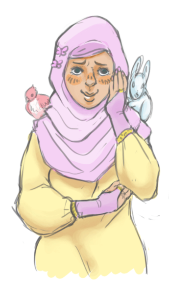 Size: 425x739 | Tagged: artist:morbi, bird, derpibooru import, fluttershy, hijab, human, humanized, islam, islamashy, rabbit, safe, solo