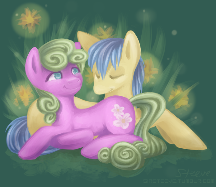 Size: 766x662 | Tagged: safe, artist:steeve, derpibooru import, daisy, flower wishes, goldengrape, sir colton vines iii, earth pony, pony, daisygrape, female, male, mare, prone, rarepair, shipping, stallion, straight