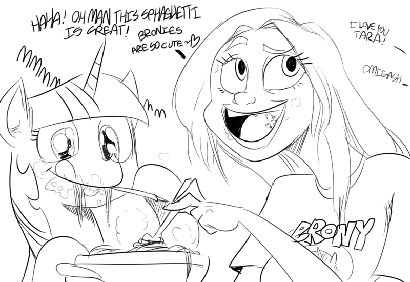 Size: 1024x704 | Tagged: artist:sunibee, bronycon, derpibooru import, human, meta, safe, spaghetti, tara strong, twilight sparkle