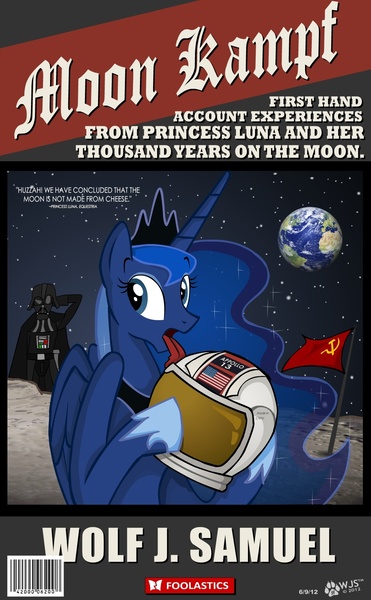 Size: 1052x1700 | Tagged: safe, artist:wolfjedisamuel, derpibooru import, princess luna, apollo 13, barcode, blackletter, book cover, communism, confused, crossover, darth vader, earth, flag, helmet, huzzah, licking, mein kampf, moon, nazi, open mouth, parody, raised eyebrow, soviet union, space helmet, star wars, stuck, tongue out, wat, wtf