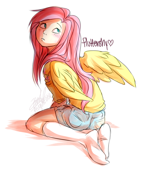 Size: 800x920 | Tagged: 2010s, 2012, ambiguous race, artist:zobobafoozle, ass, behind, blushing, butt, clothes, denim shorts, derpibooru import, fluttershy, freckles, human, humanized, kneeling, looking back, looking up, name, pink hair, safe, shadow, shorts, simple background, sitting, socks, solo, three quarter view, white background, white socks, winged humanization, wings