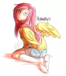 Size: 800x920 | Tagged: 2010s, 2012, ambiguous race, artist:zobobafoozle, ass, behind, blushing, butt, clothes, denim shorts, derpibooru import, fluttershy, freckles, human, humanized, kneeling, looking back, looking up, name, pink hair, safe, shadow, shorts, simple background, sitting, socks, solo, three quarter view, white background, white socks, winged humanization, wings