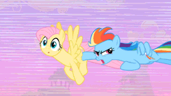Size: 640x360 | Tagged: safe, derpibooru import, screencap, fluttershy, rainbow dash, pegasus, pony, the super speedy cider squeezy 6000, animated, butt touch, duo, flying, gif, hoof on butt, pushing, rump push