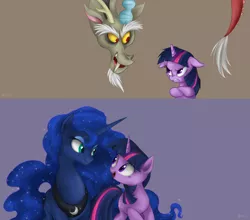 Size: 1388x1222 | Tagged: adorkable, angry, artist:mn27, cute, derpibooru import, discolight, discord, dork, female, frown, lesbian, male, princess luna, safe, shipping, straight, teasing, twilight sparkle, twiluna