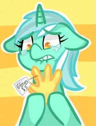 Size: 423x554 | Tagged: safe, artist:steeve, derpibooru import, lyra heartstrings, human, pony, unicorn, abstract background, clothes, cropped, crying, female, gloves, lip bite, mare, that pony sure does love hands