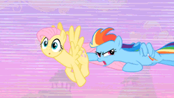 Size: 640x360 | Tagged: animated, butt touch, derpibooru import, edit, edited screencap, fluttershy, hoof on butt, loop, pushing, rainbow dash, rump push, screencap, suggestive, the super speedy cider squeezy 6000, wide eyes