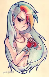 Size: 362x573 | Tagged: artist:kerriwon, clothes, derpibooru import, gloves, human, humanized, rainbow dash, safe, solo, traditional art