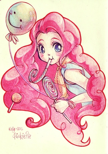 Size: 380x539 | Tagged: artist:kerriwon, balloon, derpibooru import, humanized, lollipop, party horn, pinkie pie, safe, solo, traditional art