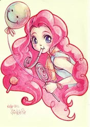 Size: 380x539 | Tagged: artist:kerriwon, balloon, derpibooru import, humanized, lollipop, party horn, pinkie pie, safe, solo, traditional art