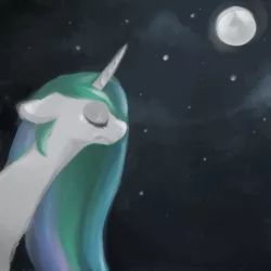 Size: 800x800 | Tagged: safe, artist:steeve, derpibooru import, princess celestia, alicorn, pony, cropped, eyes closed, female, mare, moon, night, sad, solo, stars