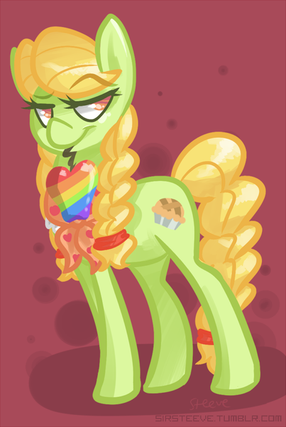 Size: 570x848 | Tagged: safe, artist:steeve, derpibooru import, granny smith, earth pony, pony, abstract background, cropped, female, mare, mouth hold, solo, young granny smith, zap apple