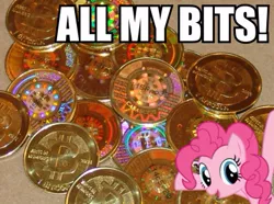 Size: 407x303 | Tagged: all my bits, coin, derpibooru import, impact font, meme, pinkie pie, safe, solo