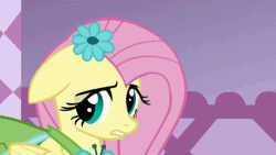 Size: 450x253 | Tagged: animated, clothes, derpibooru import, dress, floppy ears, flower, flower in hair, fluttershy, gala dress, safe, screencap, solo, suited for success