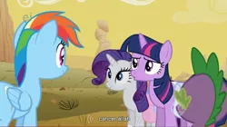 Size: 852x476 | Tagged: derpibooru import, rainbow dash, rarity, safe, screencap, spike, twilight sparkle, youtube caption