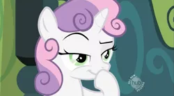 Size: 853x471 | Tagged: safe, derpibooru import, screencap, sweetie belle, unicorn, family appreciation day, devious, foreshadowing, grin, hub logo, lidded eyes, raised eyebrow, scheming belle, smiling, smirk, solo
