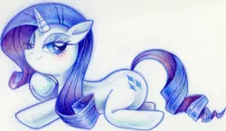 Size: 842x488 | Tagged: safe, artist:delico, derpibooru import, rarity, pony, unicorn, bedroom eyes, female, pixiv, prone, simple background, solo, traditional art, white background