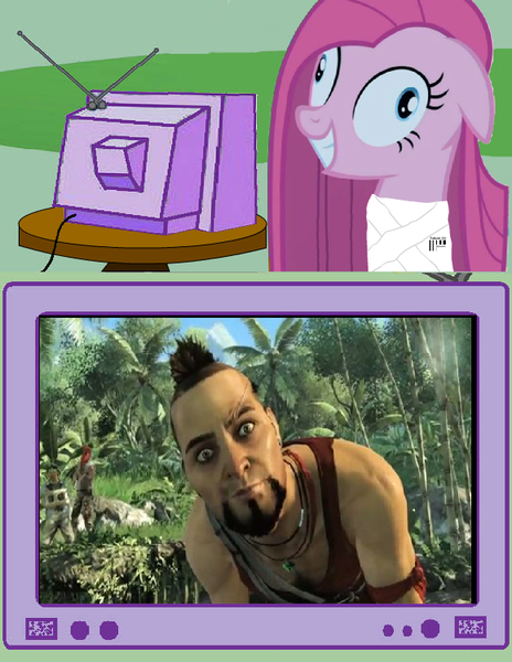 Size: 580x750 | Tagged: safe, derpibooru import, pinkie pie, human, pony, exploitable meme, far cry 3, insanity, meme, pinkamena diane pie, tv meme, vaas montenegro