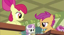 Size: 855x470 | Tagged: apple bloom, caption, cutie mark crusaders, derpibooru import, edit, edited screencap, ruby pinch, safe, scootaloo, screencap, sweetie belle, youtube caption