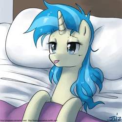 Size: 900x900 | Tagged: safe, artist:johnjoseco, derpibooru import, allie way, pony, unicorn, adobe imageready, bed, female, mare, morning ponies, pillow, solo, tongue out