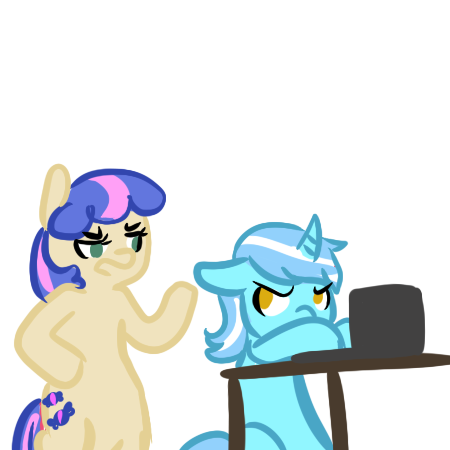 Size: 450x450 | Tagged: safe, artist:mt, derpibooru import, bon bon, lyra heartstrings, sweetie drops, pony, bipedal, bon bon is not amused, computer, simple background, white background