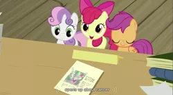 Size: 855x471 | Tagged: safe, derpibooru import, edit, edited screencap, screencap, apple bloom, scootaloo, spike, sweetie belle, dragon, earth pony, pegasus, pony, unicorn, caption, cutie mark crusaders, female, filly, male, youtube caption