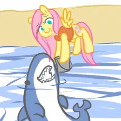 Size: 450x450 | Tagged: safe, artist:mt, derpibooru import, fluttershy, pegasus, pony, shark, bucket, clothes, duo, feeding, female, flying, hoof hold, mare, smiling, spread wings, vest, water, wings
