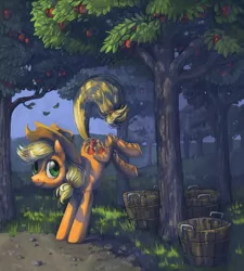 Size: 800x888 | Tagged: safe, artist:dimespin, derpibooru import, applejack, earth pony, pony, apple, apple tree, applebucking, balancing, basket, buck, bucket, bucking, grass, kicking, leaves, orchard, smiling, solo, tree