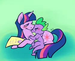 Size: 900x731 | Tagged: safe, artist:tychosexual, derpibooru import, spike, twilight sparkle, unicorn, blushing, cute, duo, eyes closed, mama twilight, mother, mother's day, paper, spikabetes, spikelove, twiabetes, unicorn twilight