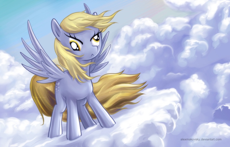Size: 2000x1280 | Tagged: safe, artist:alexmakovsky, derpibooru import, derpy hooves, pegasus, pony, cloud, cloudy, cutie mark, female, hooves, mare, on a cloud, photoshop, serious face, sky, solo, spread wings, standing on cloud, windswept mane, wings