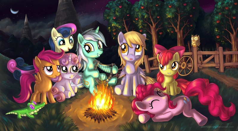 Size: 3087x1704 | Tagged: safe, artist:alexmakovsky, derpibooru import, apple bloom, bon bon, derpy hooves, gummy, lyra heartstrings, owlowiscious, pinkie pie, scootaloo, sweetie belle, sweetie drops, earth pony, pegasus, pony, unicorn, apple, campfire, cloud, cloudy, cutie mark crusaders, female, filly, fire, lyre, mare, moon, night, pet, photoshop, sleeping, tree, wallpaper