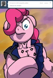 Size: 641x940 | Tagged: safe, artist:full stop, banned from derpibooru, deleted from derpibooru, derpibooru import, pinkie pie, crossover, hokuto no ken, image, kenshiro, looking at you, png, ponyville replies, solo, you are already dead