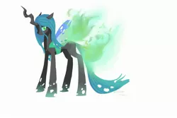 Size: 2700x1800 | Tagged: safe, artist:stupidyou3, derpibooru import, queen chrysalis, changeling, changeling queen, female, fire, floppy ears, image, jpeg, looking at you, signature, simple background, solo, standing, white background