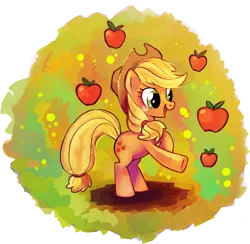 Size: 2094x2044 | Tagged: safe, artist:yukihyo, derpibooru import, applejack, earth pony, pony, apple, female, high res, mare, obligatory apple, rearing, simple background, solo, transparent background