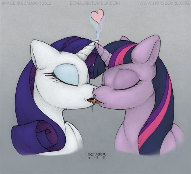 Size: 777x709 | Tagged: suggestive, artist:ecmajor, derpibooru import, rarity, twilight sparkle, drool, drool string, eyes closed, female, females only, floppy ears, french kiss, heart, horns are touching, kissing, lesbian, magic, mare, open mouth, rarilight, shipping, sloppy kissing, smiling, tongue out