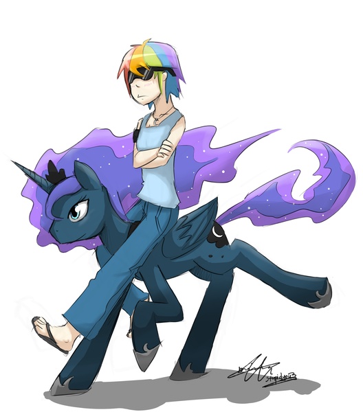 Size: 2200x2500 | Tagged: safe, artist:stupidyou3, derpibooru import, princess luna, rainbow dash, alicorn, pony, female, high res, humanized, sunglasses, swag