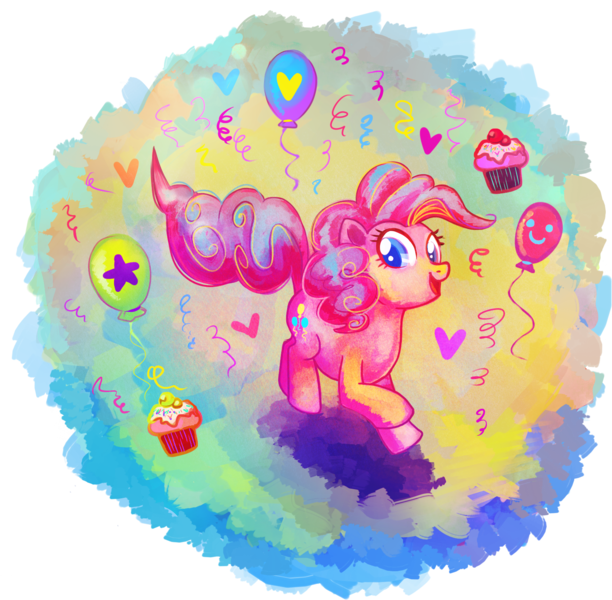 Size: 1767x1731 | Tagged: safe, artist:yukihyo, derpibooru import, pinkie pie, earth pony, pony, balloon, confetti, cupcake, female, mare, multicolored hair, simple background, solo, transparent background