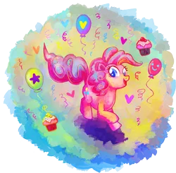 Size: 1767x1731 | Tagged: safe, artist:yukihyo, derpibooru import, pinkie pie, earth pony, pony, balloon, confetti, cupcake, female, mare, multicolored hair, simple background, solo, transparent background