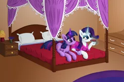 Size: 2500x1656 | Tagged: artist:furor1, bed, bedroom, derpibooru import, magic, rarity, romance reports, safe, twilight sparkle