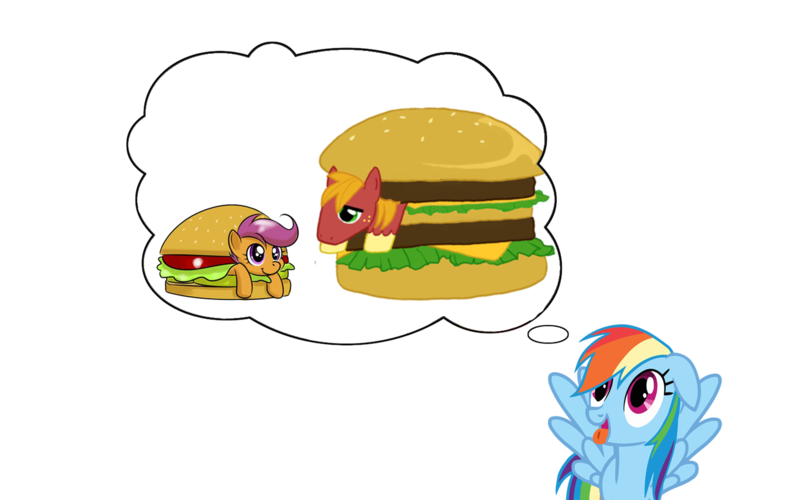 Size: 1427x892 | Tagged: safe, derpibooru import, big macintosh, rainbow dash, scootaloo, earth pony, pony, big mac (burger), dash's thoughts, food, immenent cannibalism, male, mcdonald's, meat, ponies wanting to eat meat, pun, sandwich, scootaburger, stallion, thought bubble