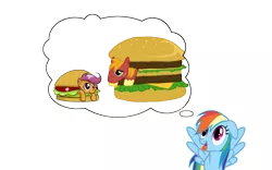 Size: 1427x892 | Tagged: safe, derpibooru import, big macintosh, rainbow dash, scootaloo, earth pony, pony, big mac (burger), dash's thoughts, food, immenent cannibalism, male, mcdonald's, meat, ponies wanting to eat meat, pun, sandwich, scootaburger, stallion, thought bubble