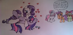Size: 1500x724 | Tagged: artist needed, safe, artist:soniskbooster, derpibooru import, apple bloom, rarity, scootaloo, sweetie belle, twilight sparkle, pony, blushing, cutie mark crusaders, exhibitionism, female, floppy ears, heart, lesbian, love poison, mare, rarilight, shipping, traditional art