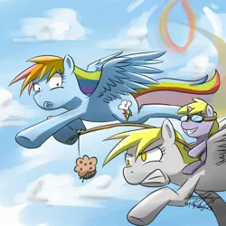 Size: 2000x2000 | Tagged: safe, artist:stupidyou3, derpibooru import, derpy hooves, dinky hooves, rainbow dash, pegasus, pony, carrot on a stick, cloud, cloudy, equestria's best mother, female, flying, goggles, high res, mare, mother and daughter, muffin, ponies riding ponies, riding, trio
