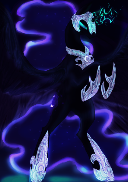 Size: 2480x3508 | Tagged: dead source, safe, artist:luckys-kitsune, derpibooru import, nightmare moon, alicorn, pony, action pose, ethereal mane, female, high res, hoof shoes, mare, photoshop, rearing, solo, sparking horn