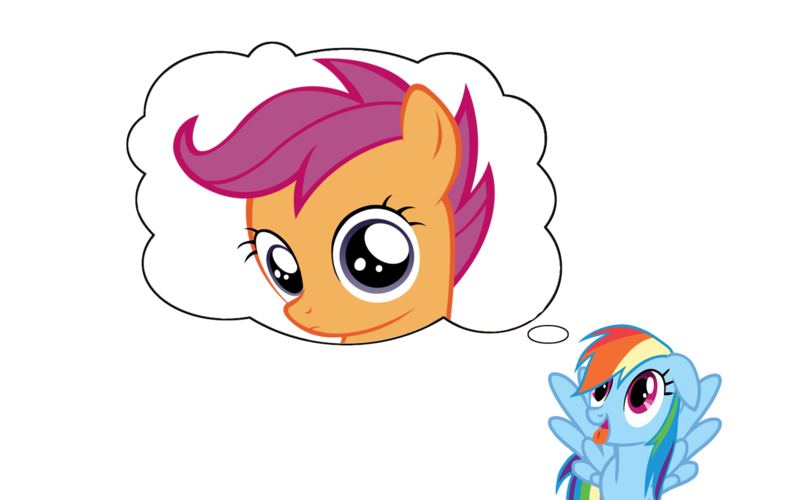 Size: 1427x892 | Tagged: dash's thoughts, derpibooru import, rainbow dash, safe, scootaloo, thought bubble