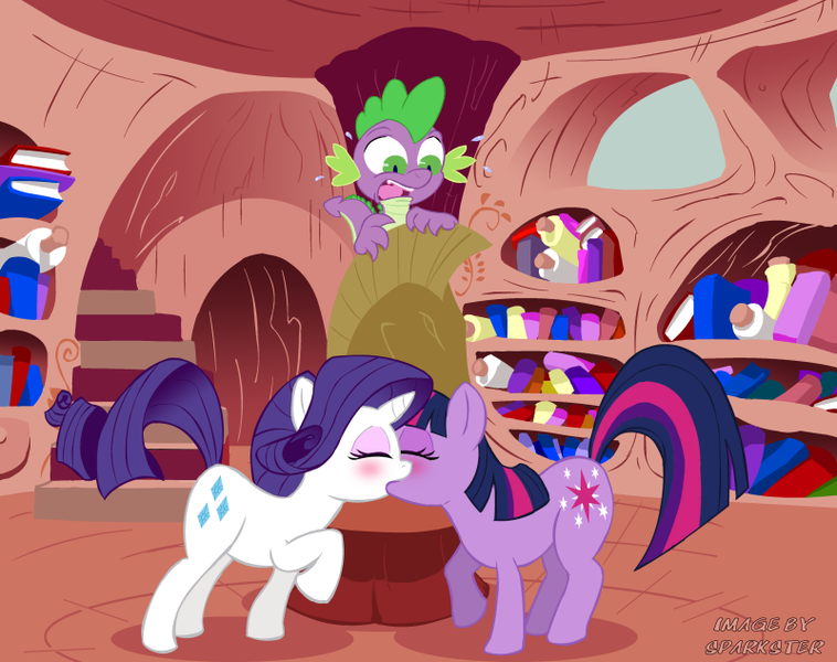 Size: 800x633 | Tagged: and then spike was a man, artist:sparkster, blushing, derpibooru import, drake, female, golden oaks library, kissing, lesbian, lesbian in front of boys, mare, rarilight, rarity, safe, shipping, source needed, spike, sweat, twilight sparkle, voyeurism