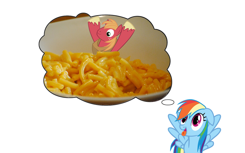 Size: 1427x892 | Tagged: safe, derpibooru import, big macintosh, rainbow dash, earth pony, pony, dash's thoughts, macaroni and cheese, male, pun, rainbowmac, shipping, stallion, straight, thought bubble