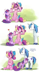 Size: 780x1419 | Tagged: safe, artist:ende26, derpibooru import, princess cadance, shining armor, twilight sparkle, alicorn, pony, unicorn, blushing, bow, caught, comforting, comic, cute, cutedance, dialogue, embarrassed, eyes closed, female, filly, filly twilight sparkle, funny face, hair bow, laughing, male, nuzzling, shrunken pupils, silly, slice of life, smiling, teen princess cadance, tongue out, twiabetes