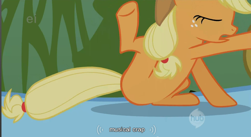 Size: 858x471 | Tagged: safe, derpibooru import, edit, edited screencap, screencap, applejack, rainbow dash, earth pony, pony, appletini, caption, featureless crotch, micro, out of context, youtube caption